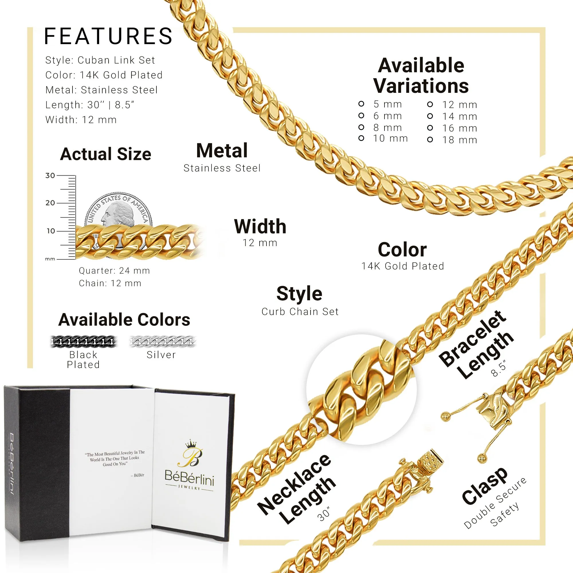 14K Gold Plated Cuban Link Chain Necklace 30" Bracelet 8.5" Set 5 mm - 18 mm