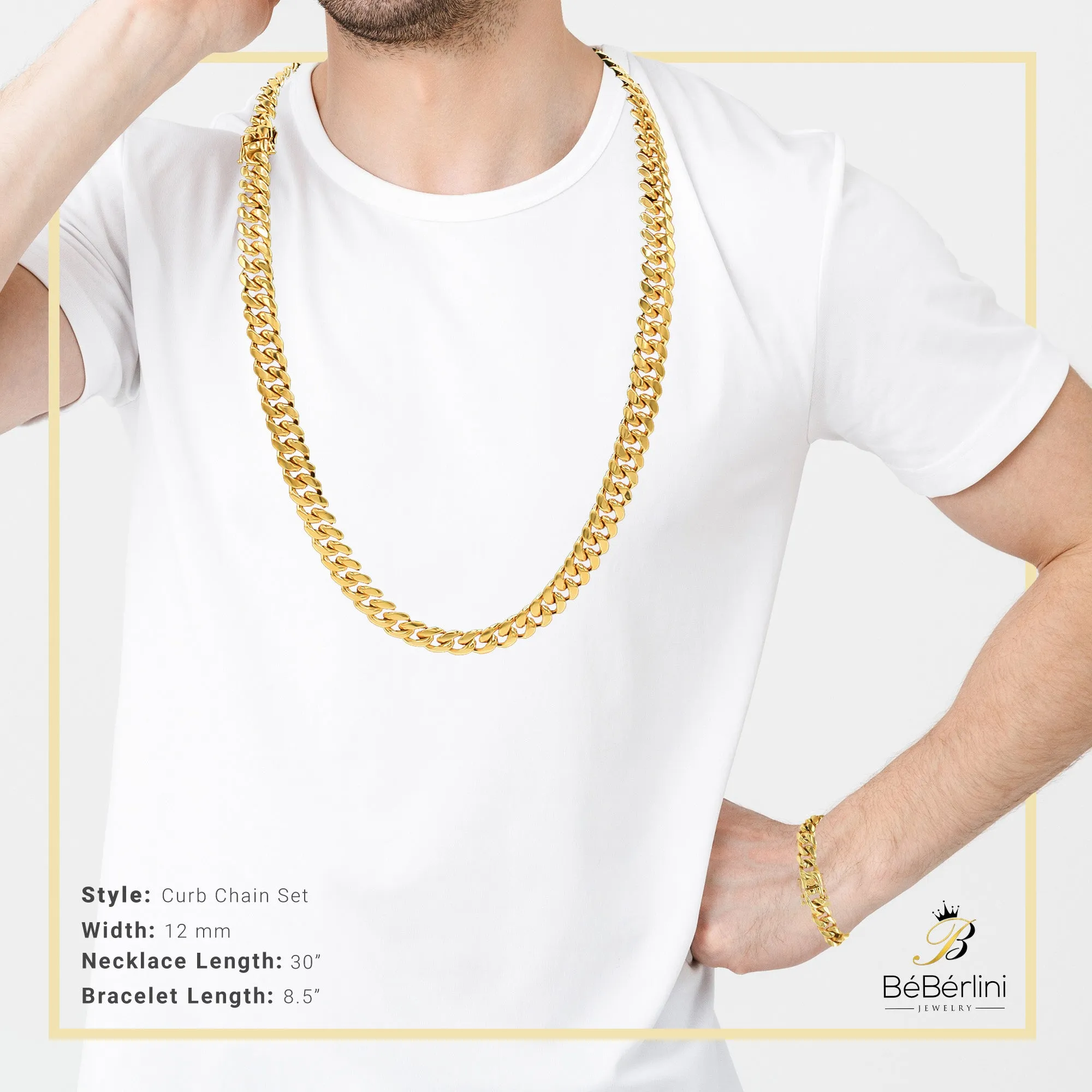 14K Gold Plated Cuban Link Chain Necklace 30" Bracelet 8.5" Set 5 mm - 18 mm