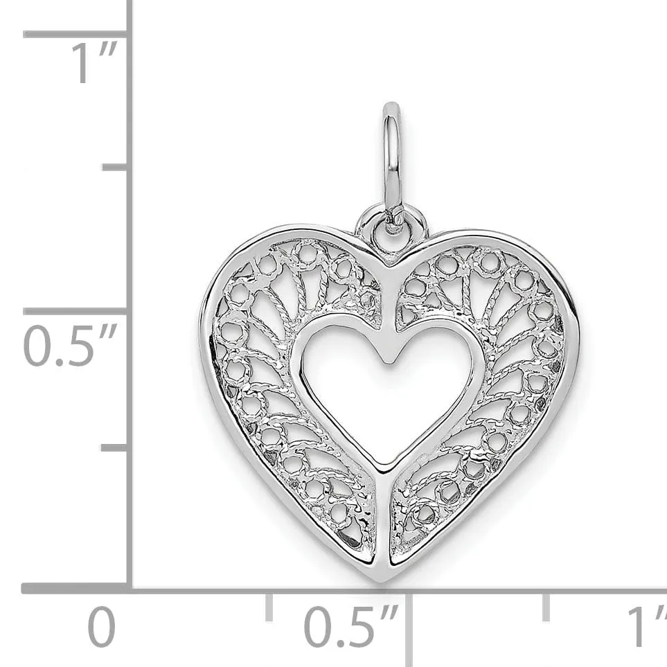 14k White Gold Solid Fancy Filigree Heart Charm