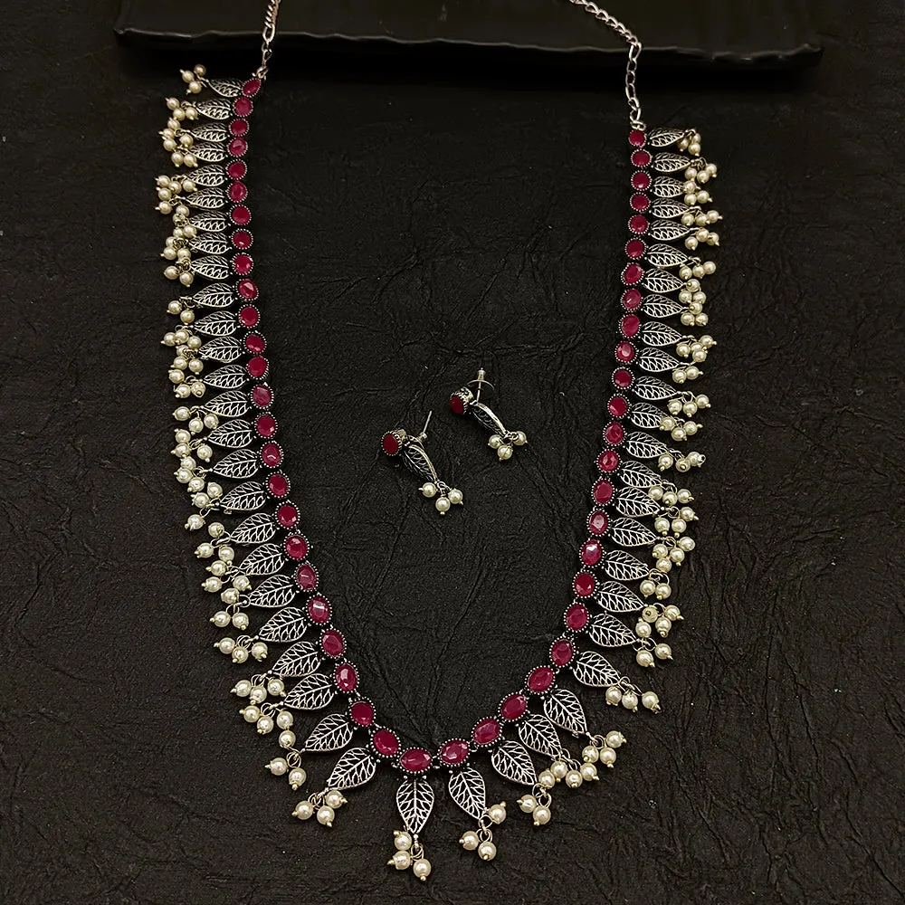 Bhavi Jewel Oxidised Plated Crystal Stone Long Necklace Set