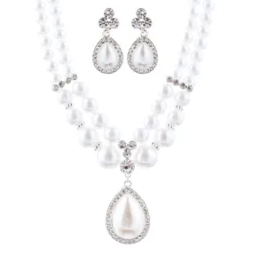 Bridal Wedding Jewelry Crystal Rhinestone Pearl Teardrop Necklace Set J704 SV