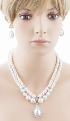 Bridal Wedding Jewelry Crystal Rhinestone Pearl Teardrop Necklace Set J704 SV