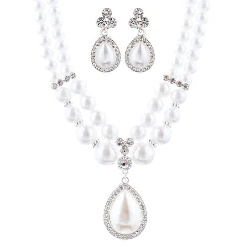 Bridal Wedding Jewelry Crystal Rhinestone Pearl Teardrop Necklace Set J704 SV