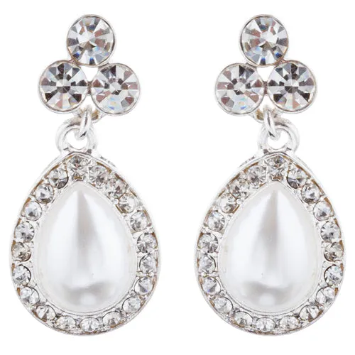 Bridal Wedding Jewelry Crystal Rhinestone Pearl Teardrop Necklace Set J704 SV