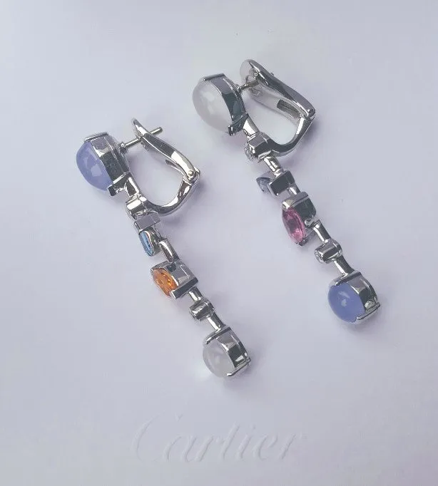 Cartier Meli Melo Diamond Multi Gem Vintage Drop Earrings Platinum Receipt Box