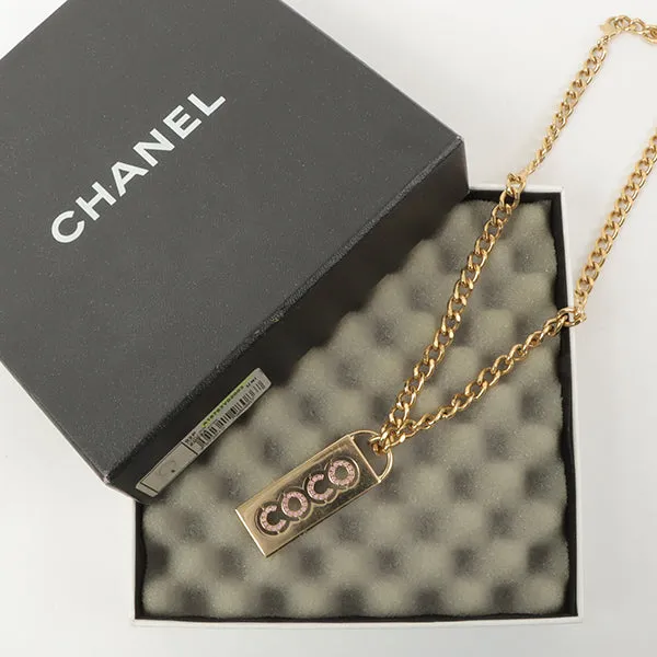 Chanel 2002 Made Rhinestone Cc Plate Chain Necklace Soft Pink