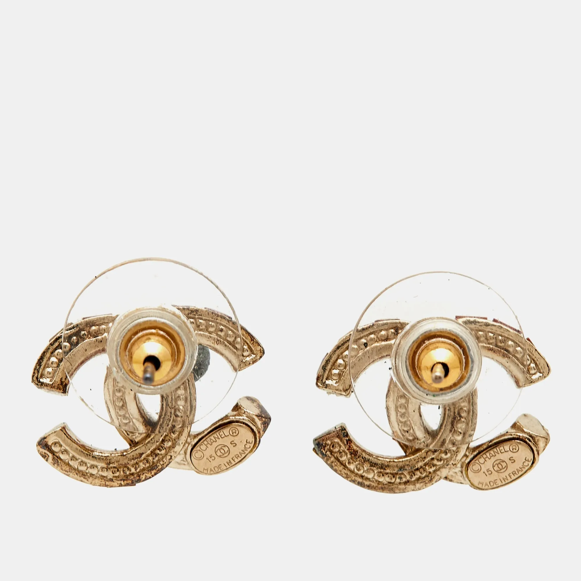 CHANEL  CC Crystal Gold Tone Earrings