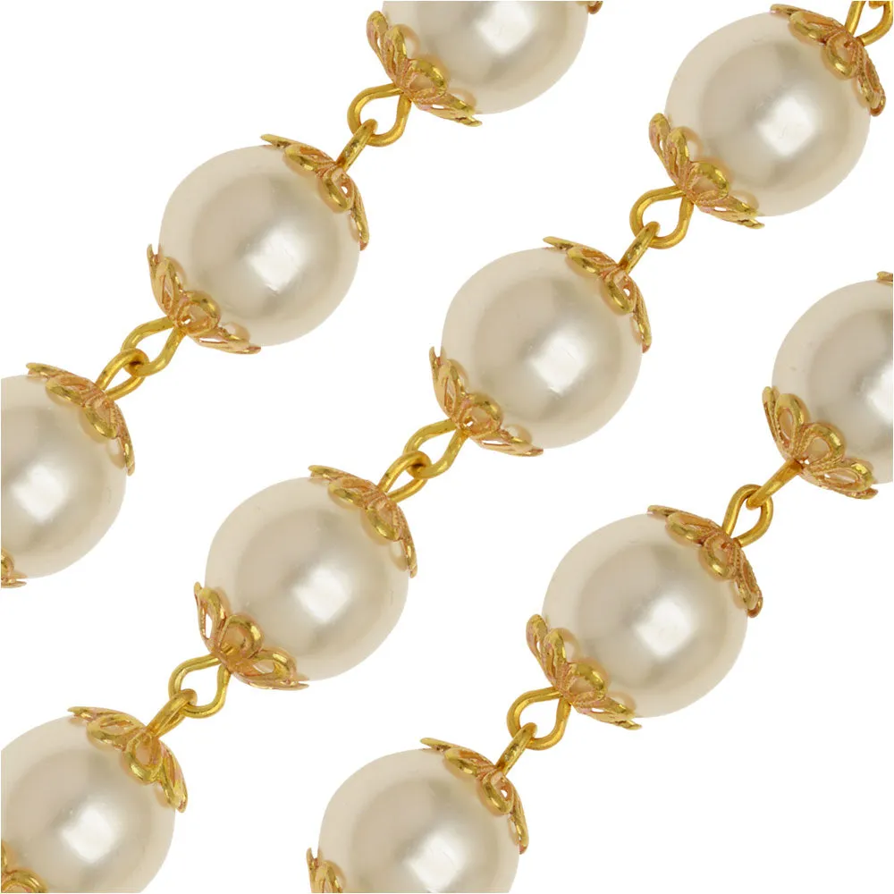 Czech Glass Beaded Chain, Round Pearls 10mm, Gold Plated (1 inch)