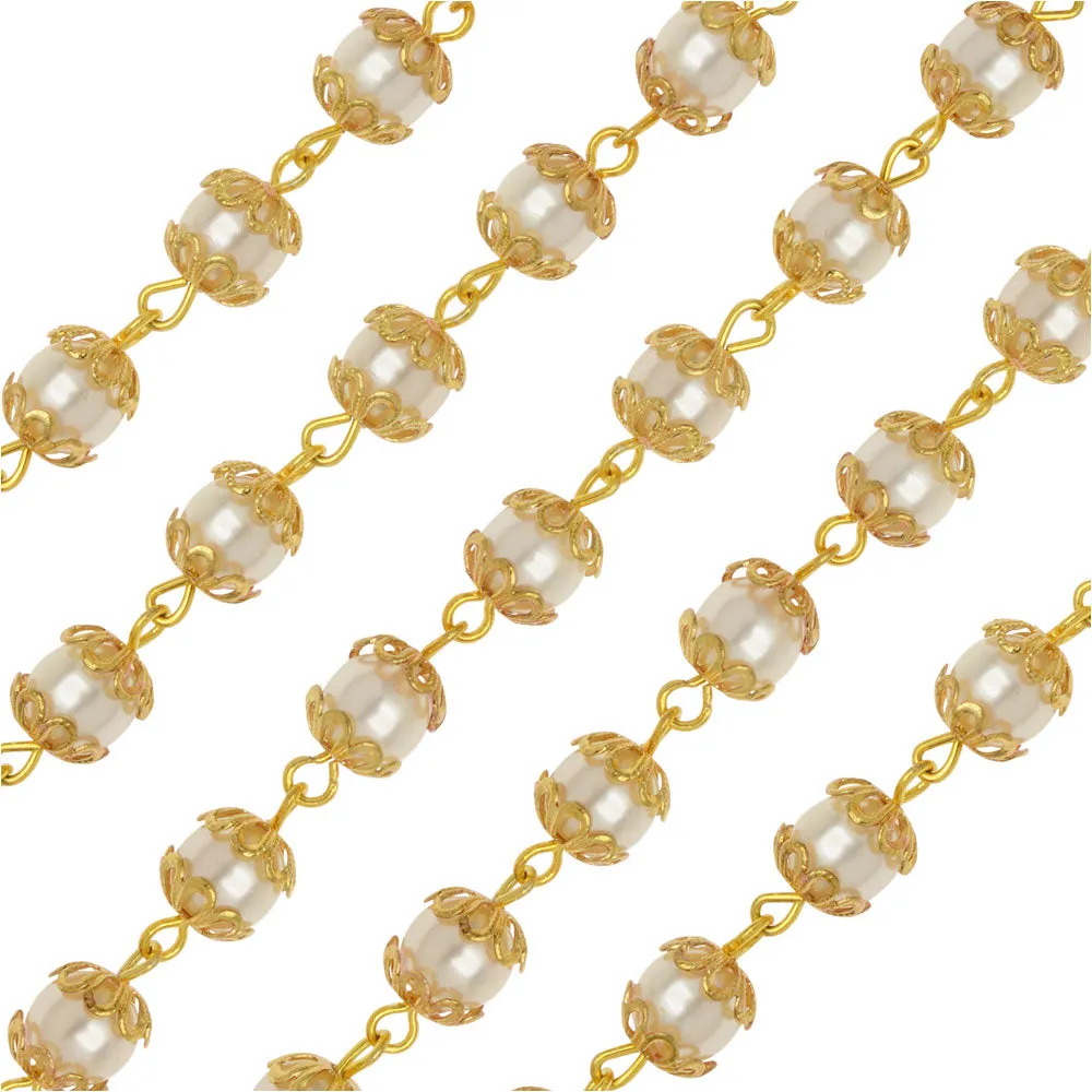 Czech Glass Beaded Chain, Round Pearls 6mm, Gold Plated (1 inch)
