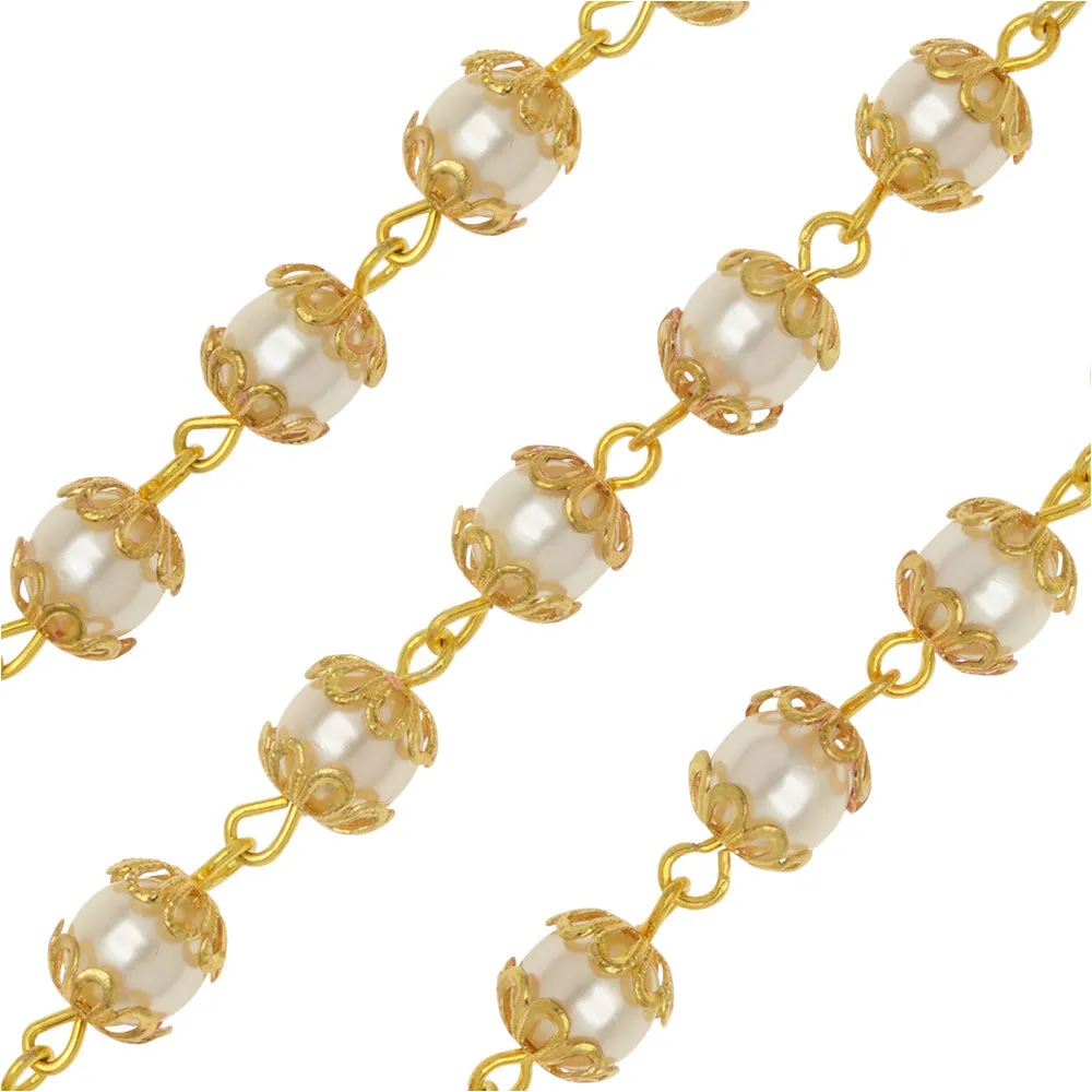 Czech Glass Beaded Chain, Round Pearls 6mm, Gold Plated (1 inch)
