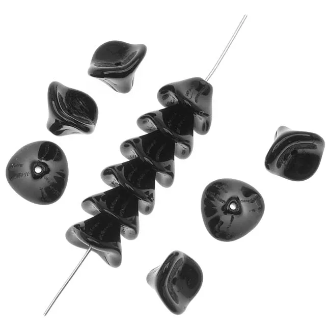 Czech Glass Beads Three Petal Flower 12mm Opaque Jet Black (12 pcs)