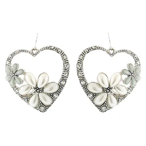 Gorgeous Flower Crystal Rhinestone Fashion Heart Dangle Earrings Silver
