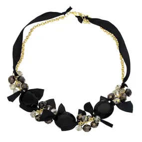 Handmade Crystal Satin Ribbon Bow Necklace Black