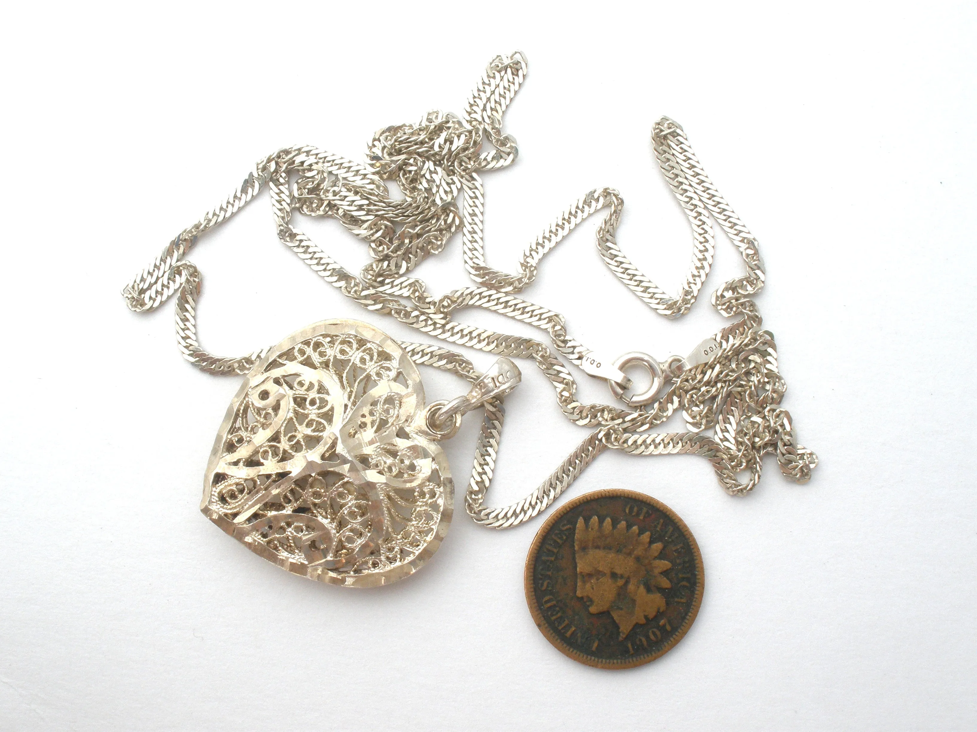 Italian Sterling Silver Filigree Heart Necklace 26"