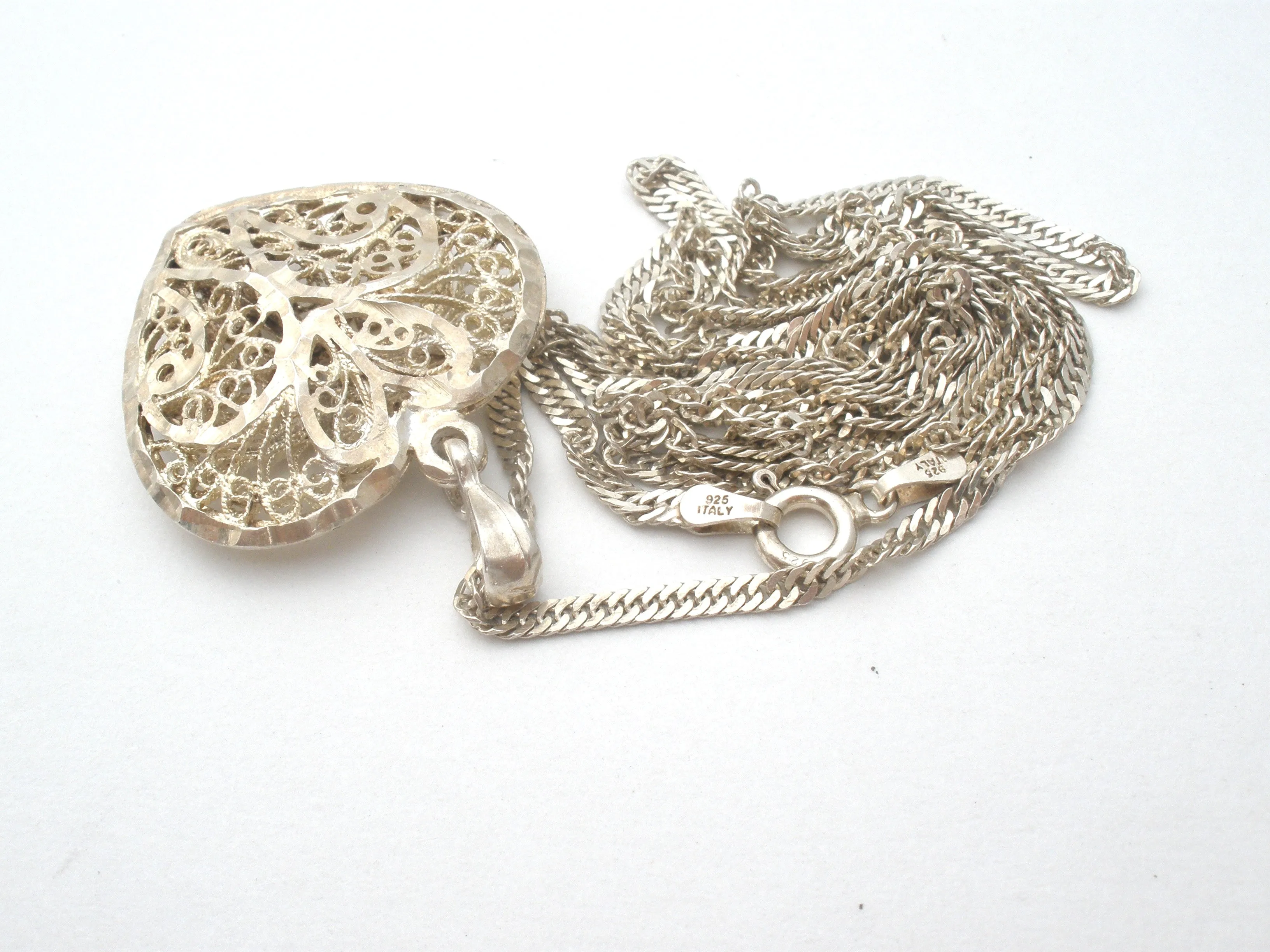 Italian Sterling Silver Filigree Heart Necklace 26"