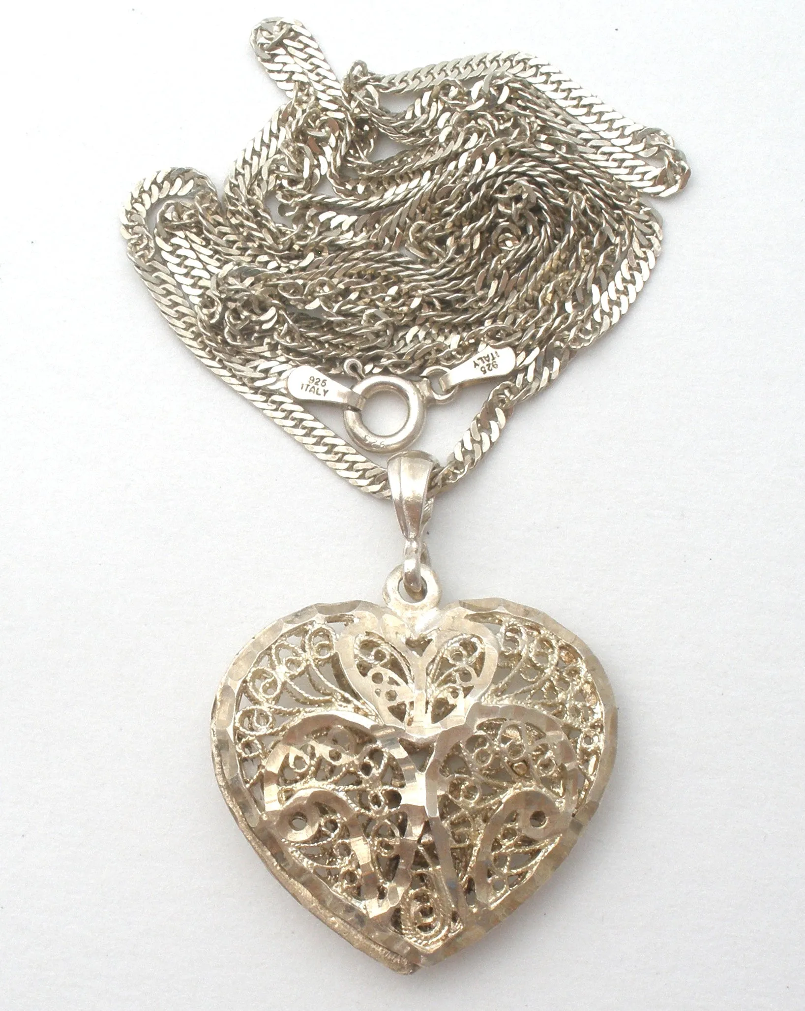 Italian Sterling Silver Filigree Heart Necklace 26"
