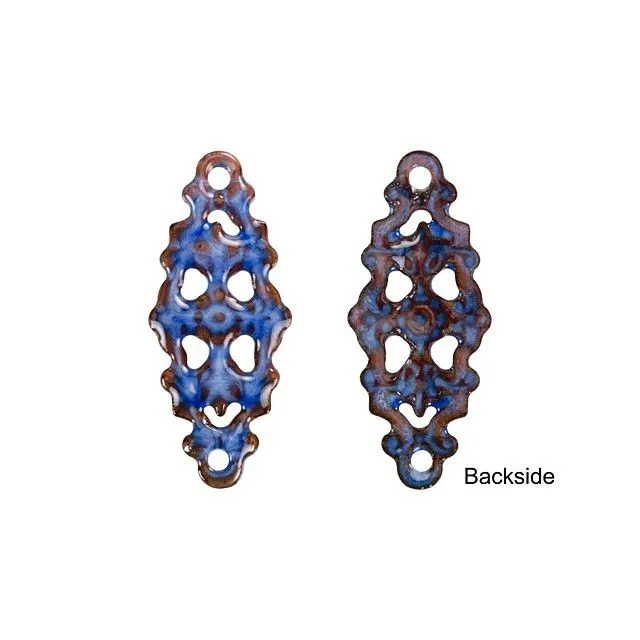 Link, Abstract Oval with Filigree Pattern 29x12.5mm, Enameled Brass Atlantic Blue, by Gardanne Beads (1 Piece)