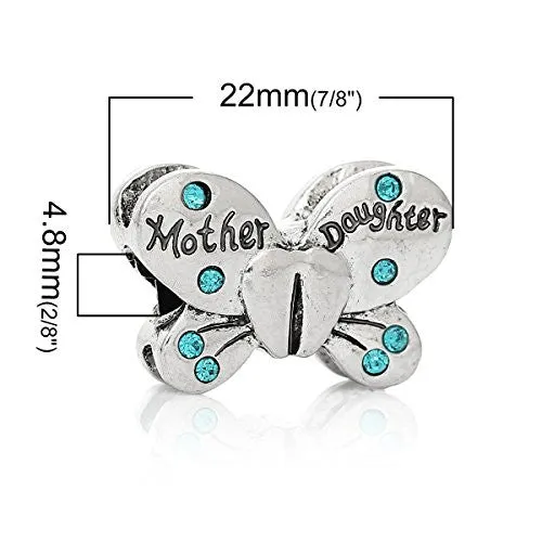 Mother Daughter Butterfly Charm European Bead Compatible for Most European Snake Chain Bracelets