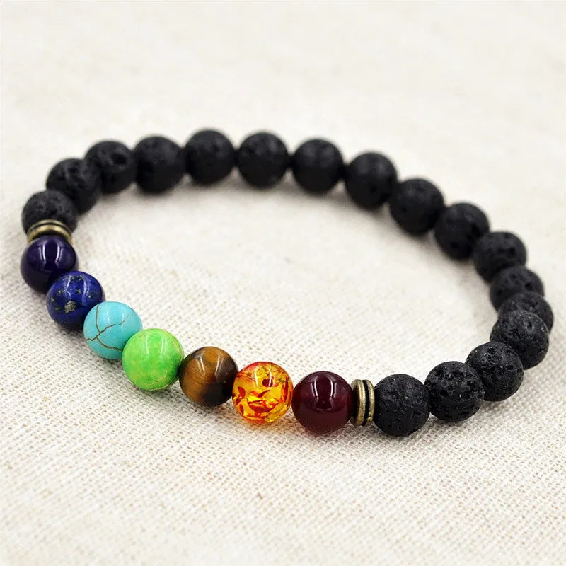Muti-color Beads Lava 7 Chakra Healing Balance Rhinestone Bracelet for Men