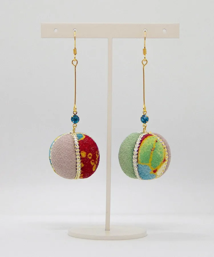 Red Purple Temari Chirimen Japanese Earrings / High Quality Surgical Steel Hook Earrings
