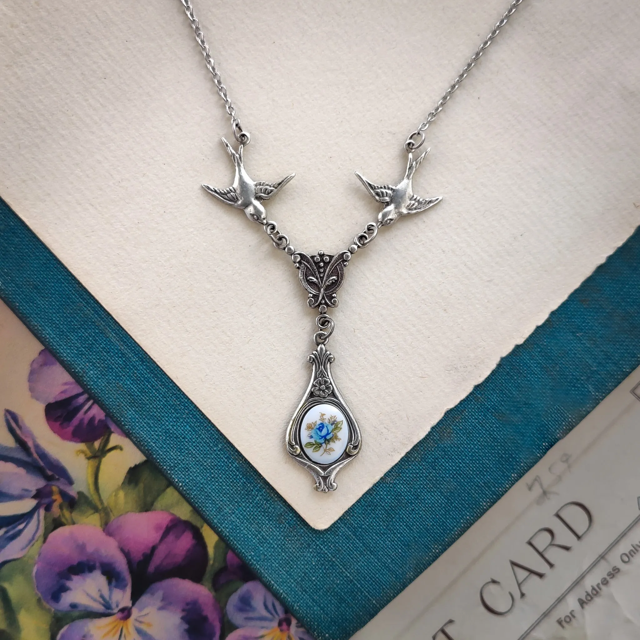 Rose Cameo Necklace with Birds in Antiqued Brass or Silver Choose Blue, Yellow, or Pink