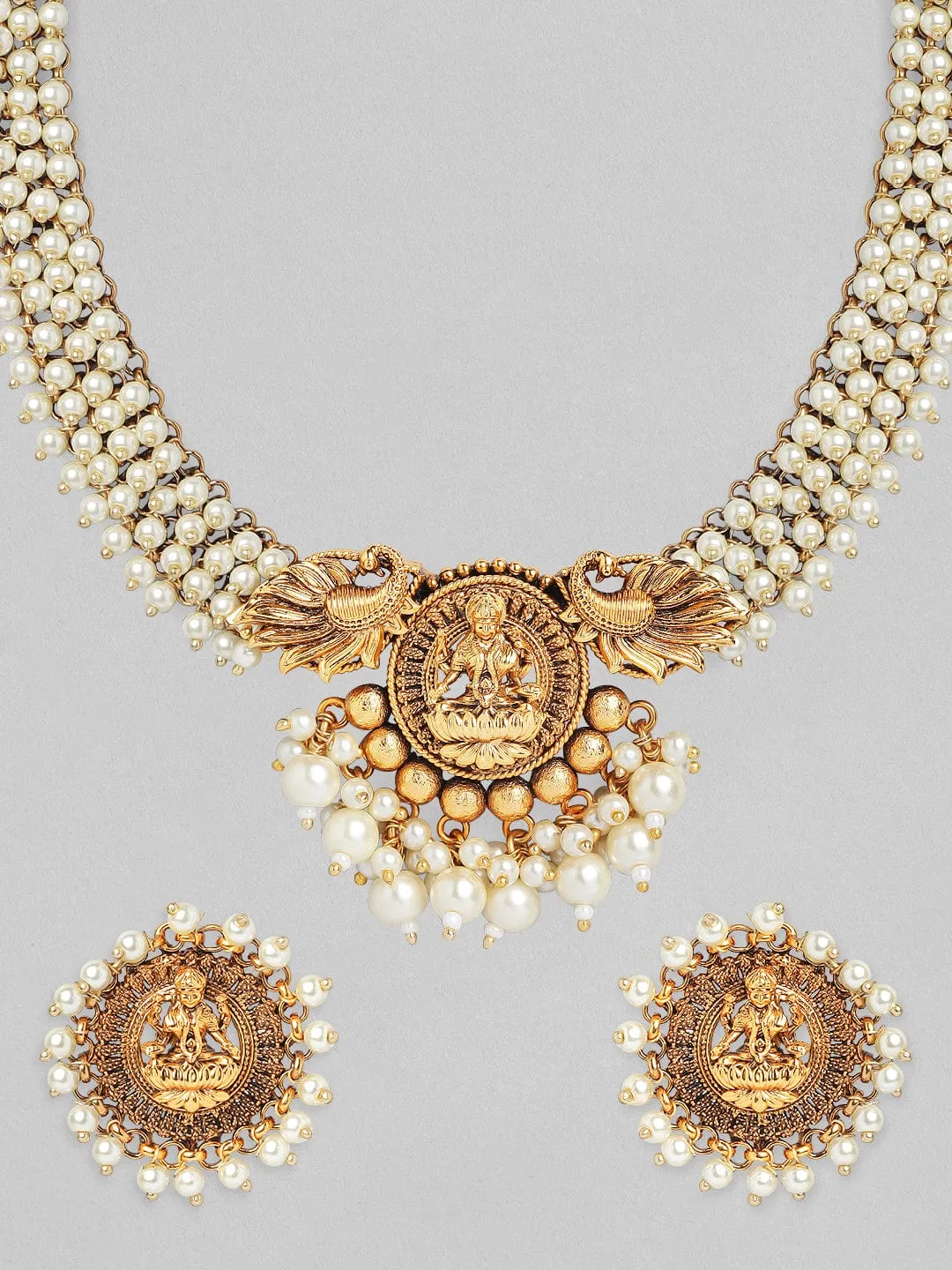 Rubans 24K Gold Plated Handcrafted Filigree & White Pearls Necklace Set
