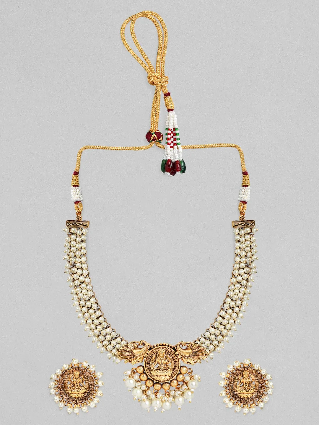 Rubans 24K Gold Plated Handcrafted Filigree & White Pearls Necklace Set